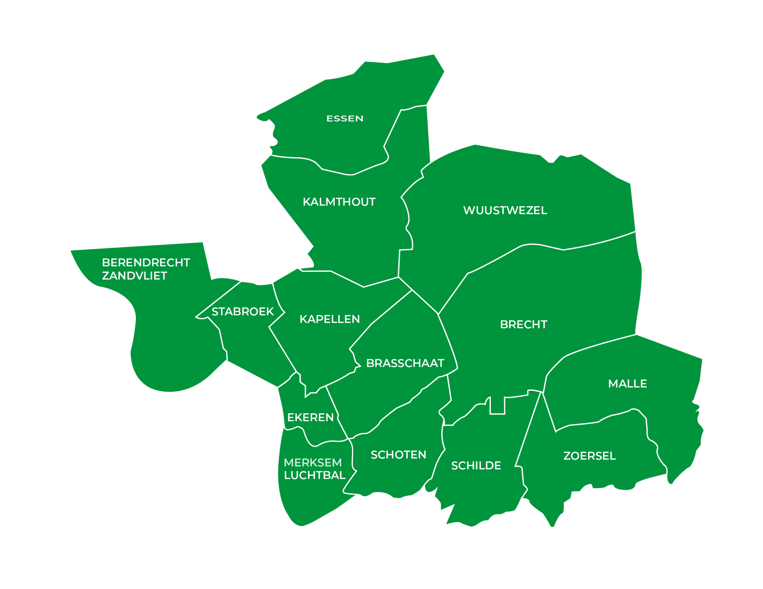 Overzicht van de werkregio van Het Verpleeghuis. Bestaande uit volgende gemeenten: Brasschaat, Brecht, Berendrecht, Essen, Ekeren, Kapellen, Kalmthout, Luchtbal, Merksem, Malle, Stabroek, Schilde, Schoten, Wuustwezel, Zandvliet, Zoersel